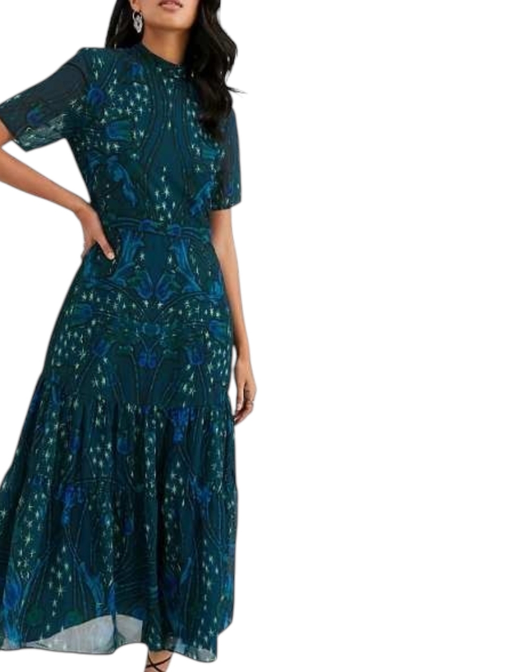 Hope & Ivy Midi Maxi Cocktail Dress Floral Stars Print High Neck Blue Size 6